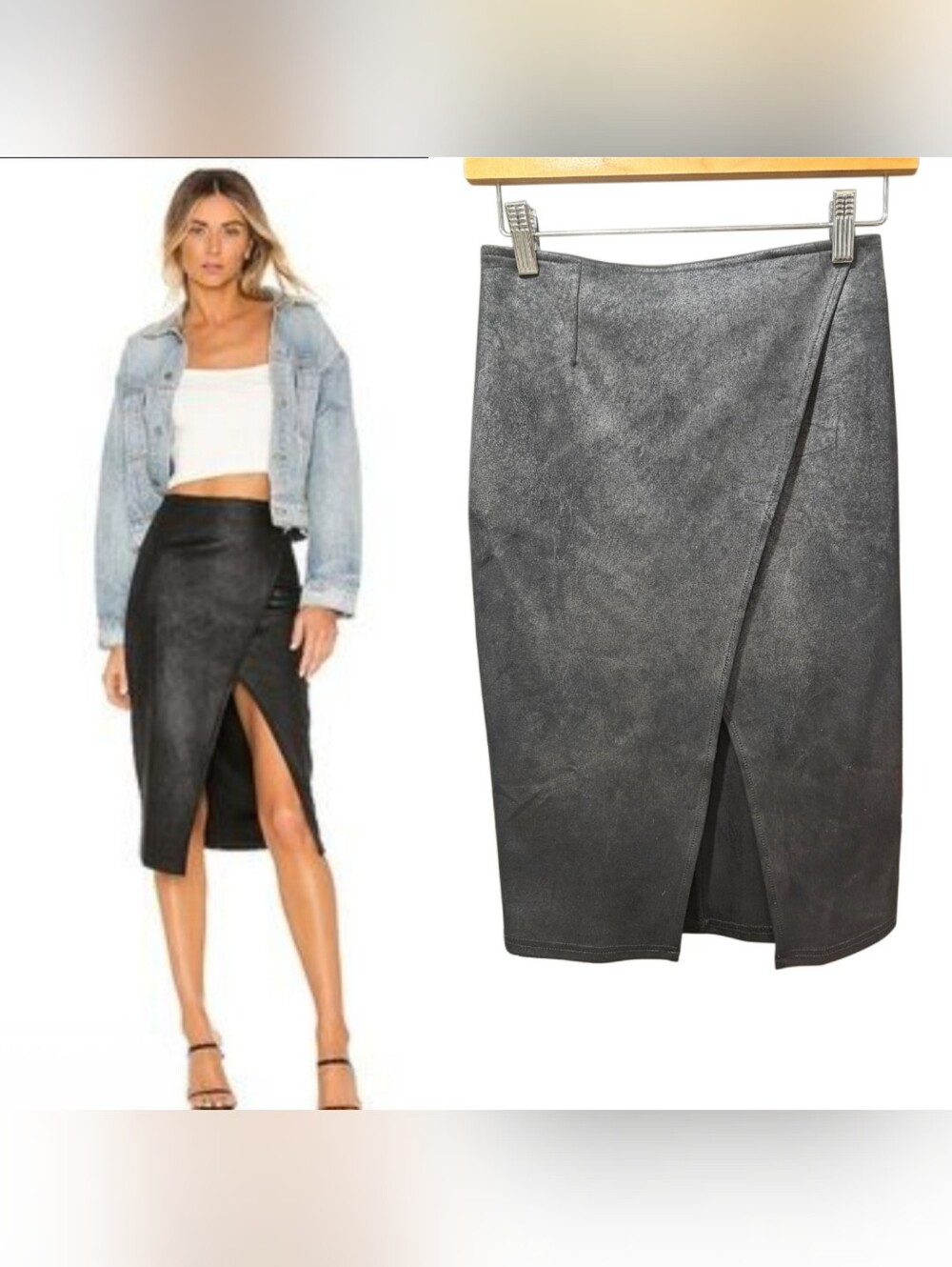 NWT Free People Whitney Vegan Leather Faux Suede Wrap Midi Skirt Black XS